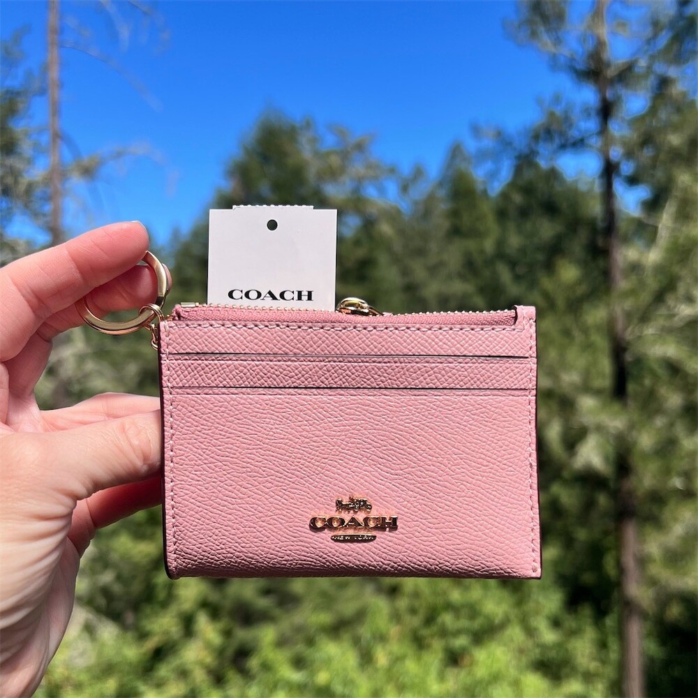 COACH Mini Skinny ID Case Cardholder Keychain Wallet Powder Pink Gold Hardware